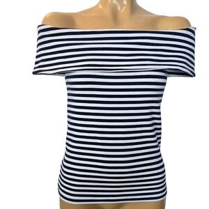 Ann Taylor Striped Off the‎ Shoulder Top, XXS, Navy and 
White Nautical Coastal